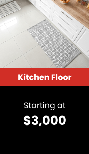 a white tile floor with a rug on it