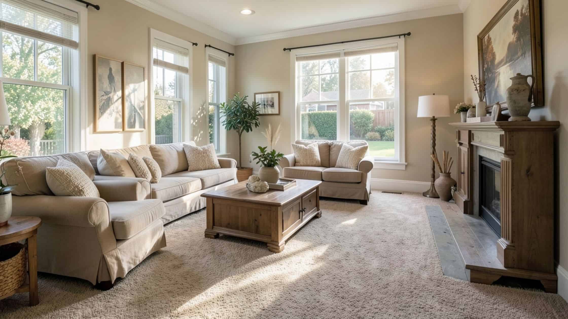 Cozy Living Room Bright living room with large windows, comfortable sofas, and a fireplace, showcasing quality floori.