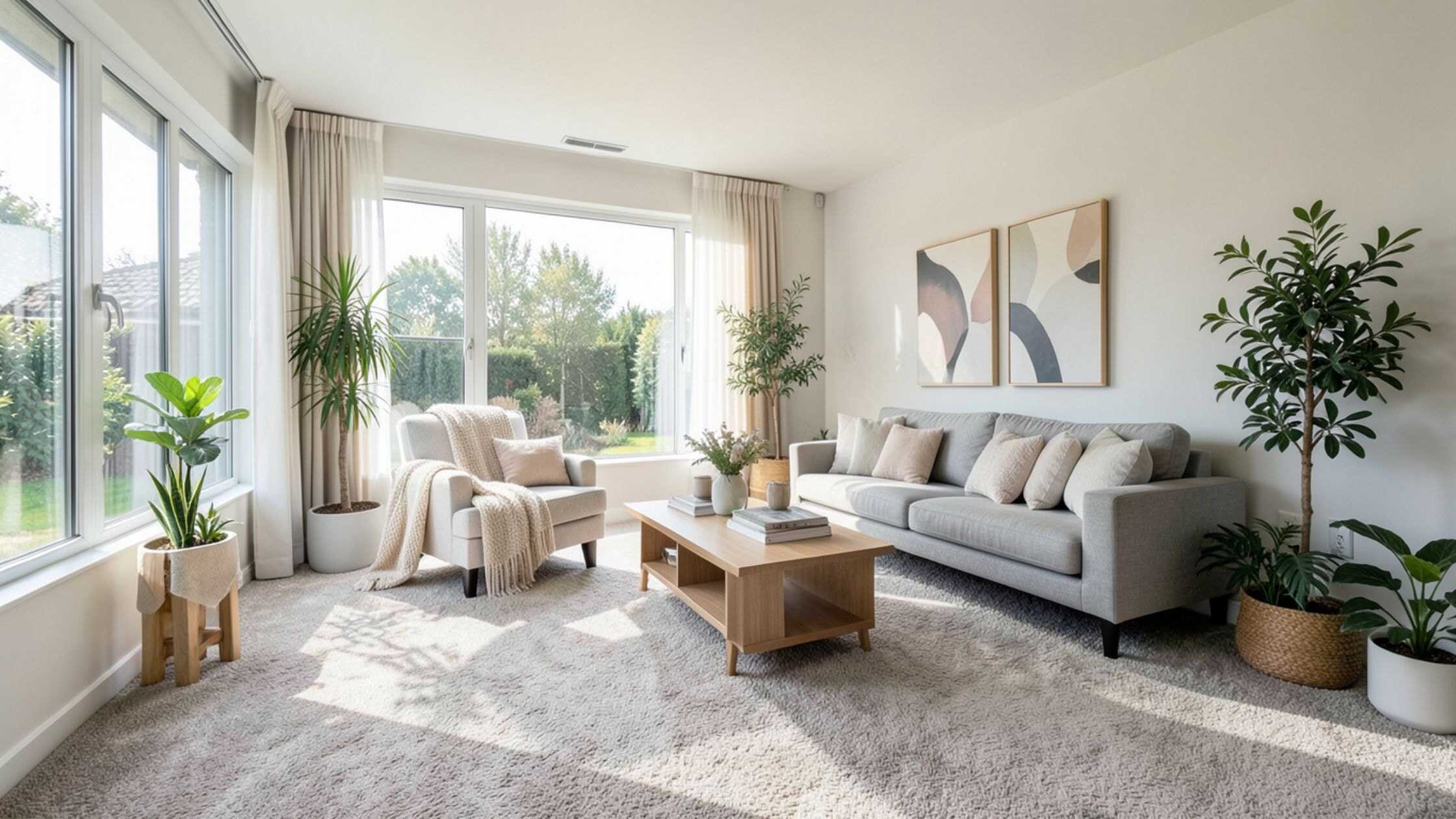 Modern Living Room Bright and spacious living room with large windows, stylish furniture, and lush indoor plants. Perfe.