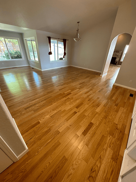 Beautiful polished hardwood flooring in a spacious living room.