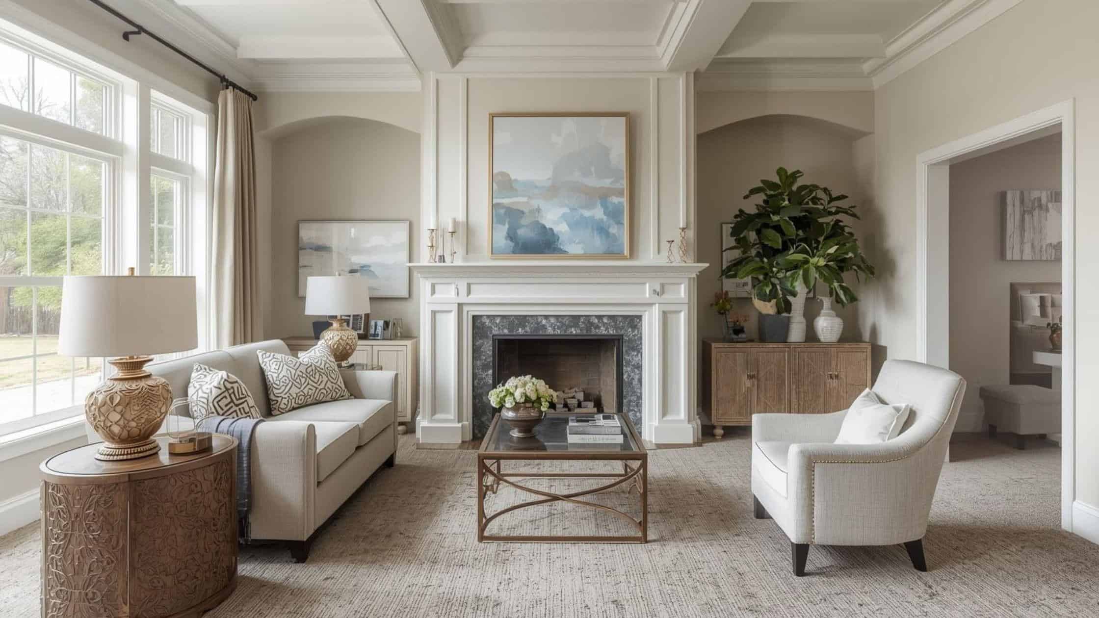 Bright and stylish living room with large windows, cozy seating, and a fireplace.