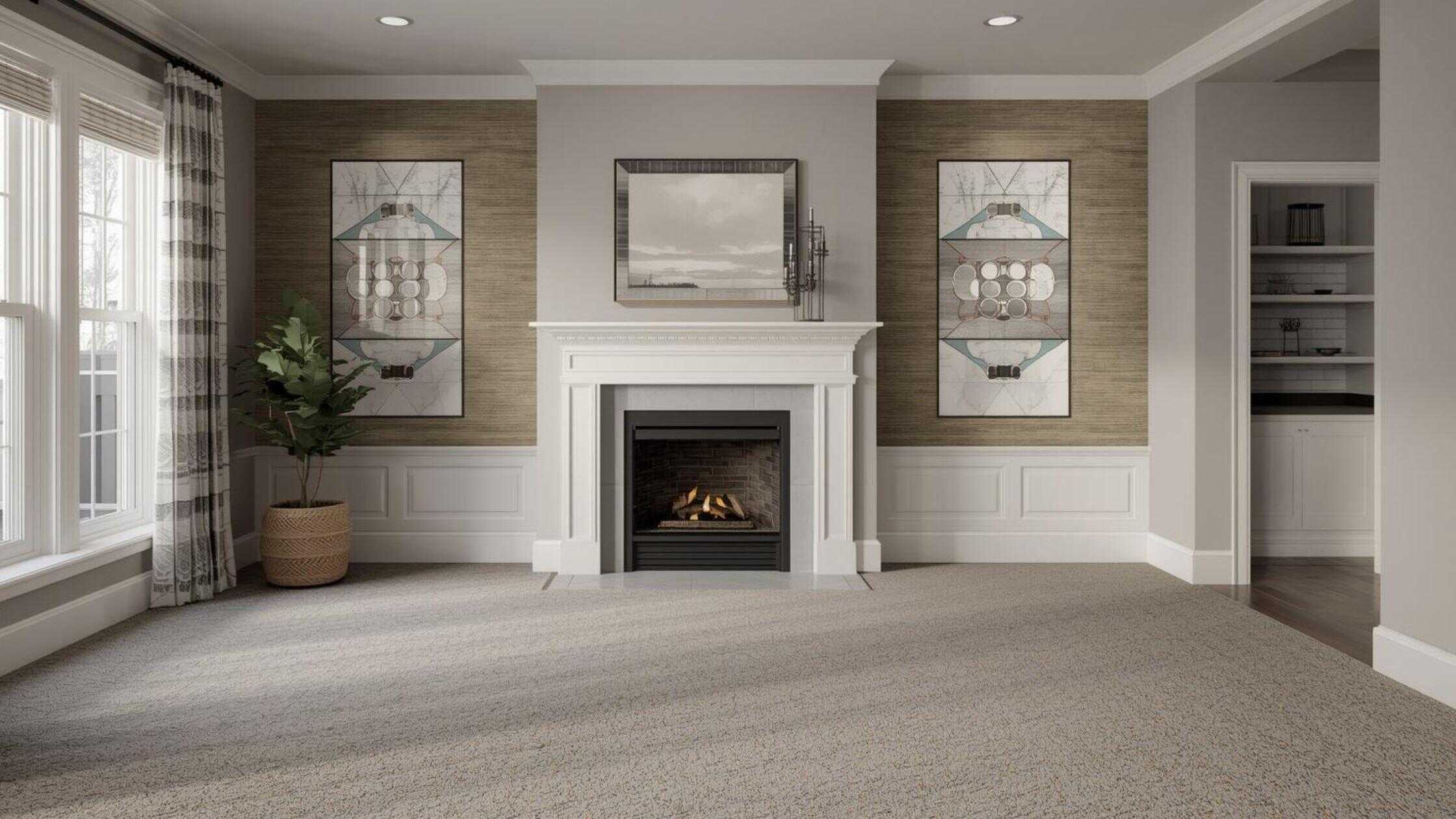 Cozy Living Room Elegant living room with a fireplace and large windows, showcasing high-quality flooring and stylish.