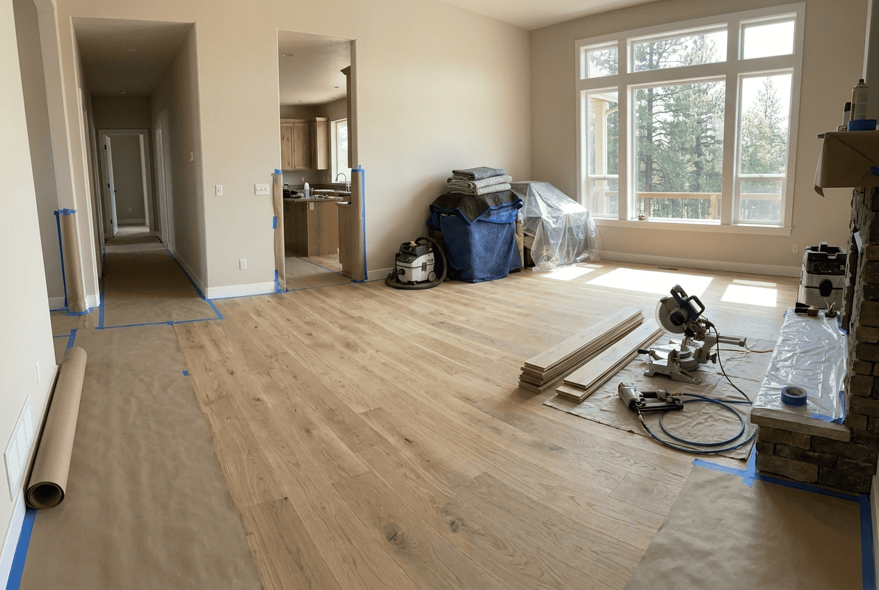 New hardwood flooring installation in a bright living room with large windows.