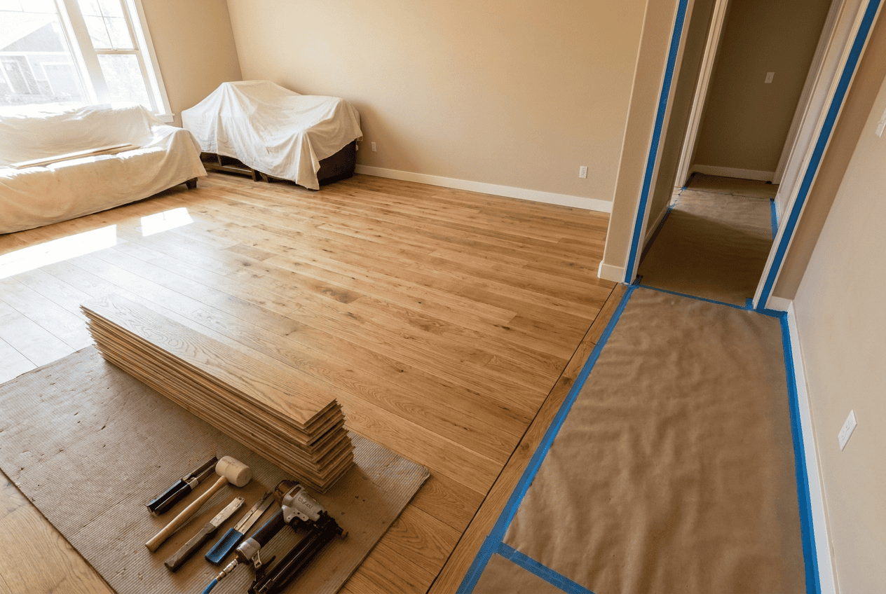 New hardwood flooring installation in a bright living room with large windows.
