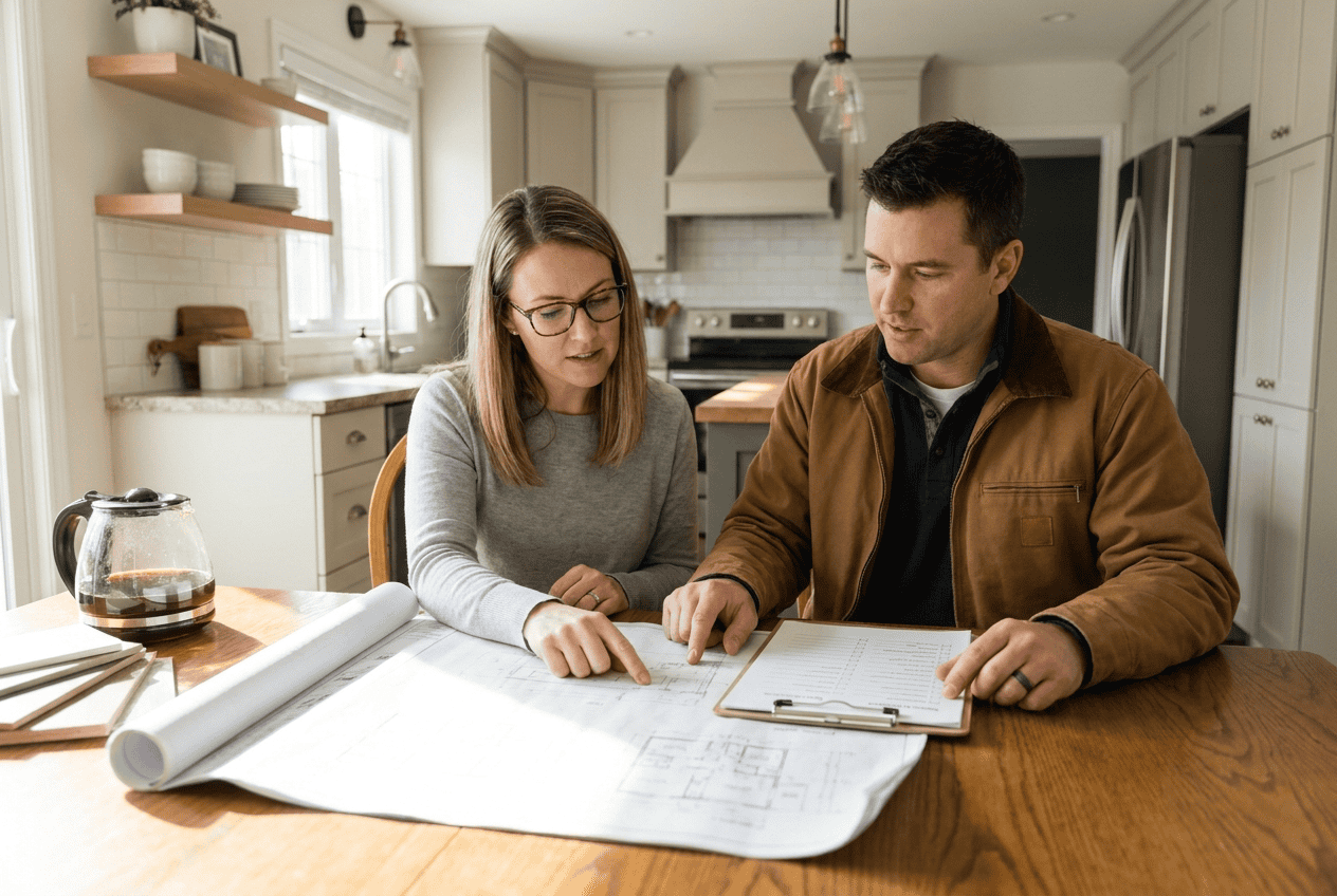 Two people reviewing flooring plans in a modern kitchen setting.
