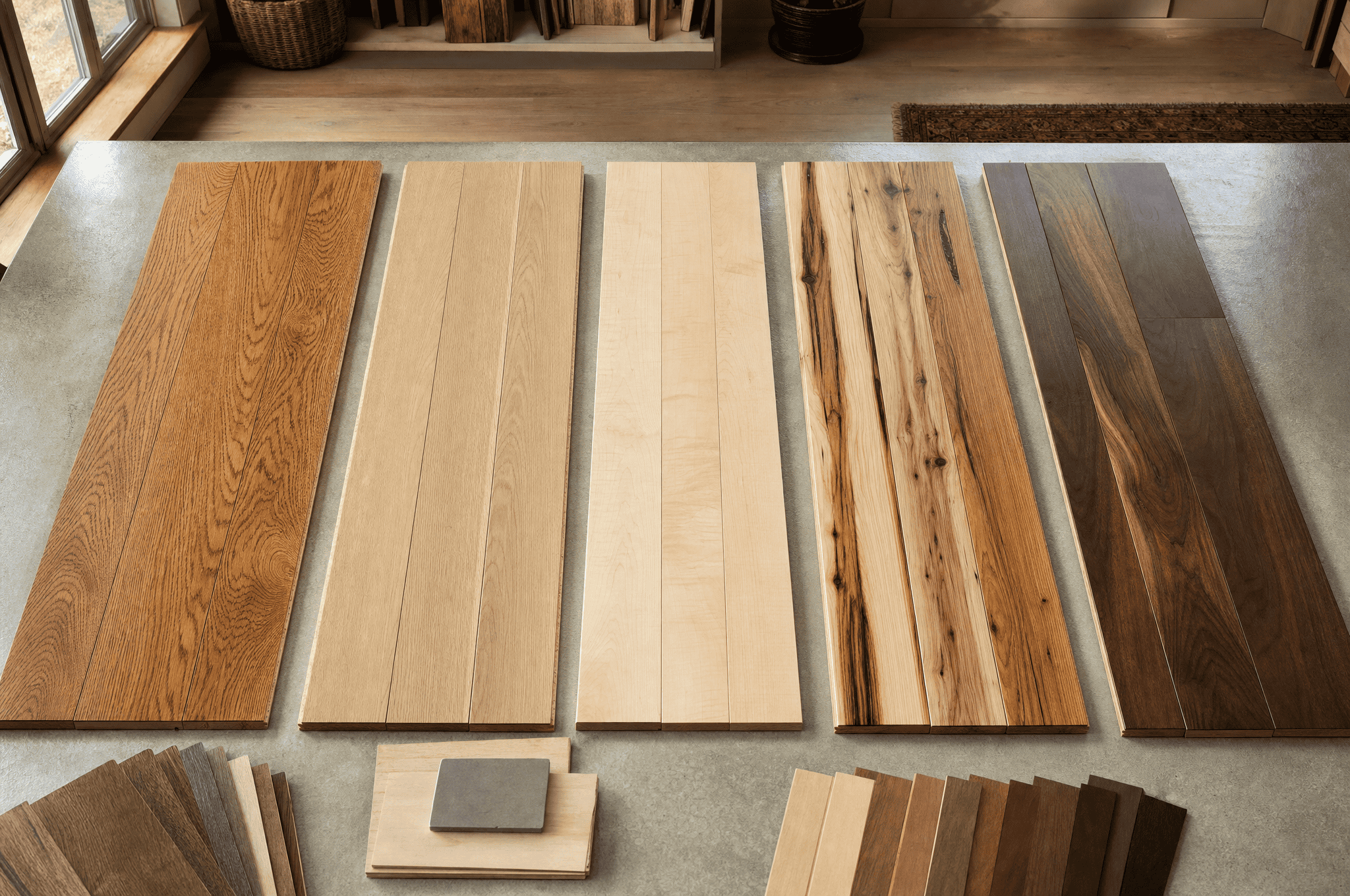 Variety of hardwood flooring samples displayed on a table for flooring options.