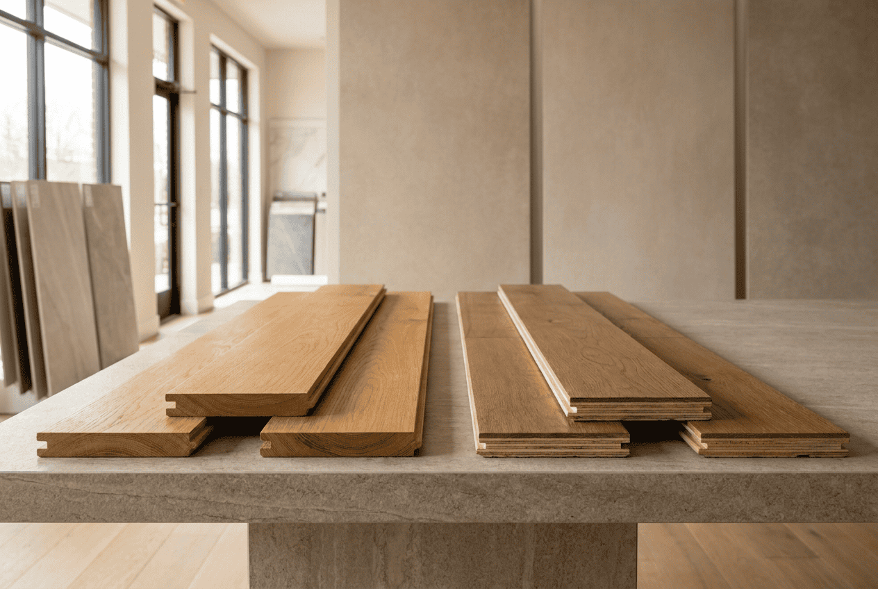 Various wood flooring samples displayed on a table in a bright showroom.