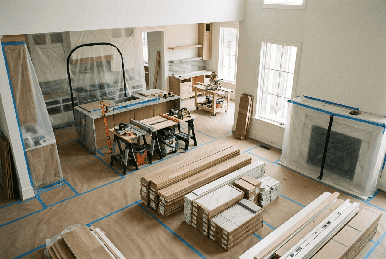 Interior of a flooring installation site with wood planks, tools, and protective barriers.